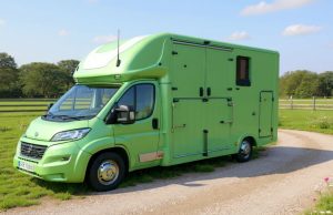 Chaigley Stallion Lux Horsebox in a spring meadow Chaigley Stallion Lux Horsebox in a spring meadow